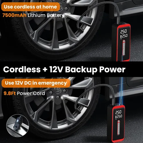 Miniatura 5 de ROTOPATA Inflador de neumáticos inalámbrico para neumáticos de automóvil, compresor de aire portátil de 150 PSI con batería de 7500 mAh, medidor