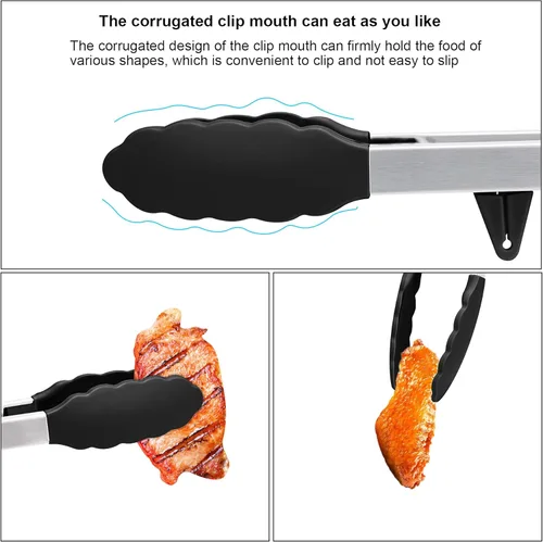 Miniatura 4 de Juego de pinzas de cocina de acero inoxidable 4 en 1 para cocinar con puntas de silicona, tostadora de bistec, pizza, pasta, espagueti, fideos, Negro