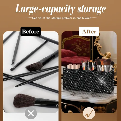 Miniatura 4 de Bling - Organizador de brochas de maquillaje, 3 ranuras para cosméticos, soportes de almacenamiento con diamantes de imitación brillantes, bonito
