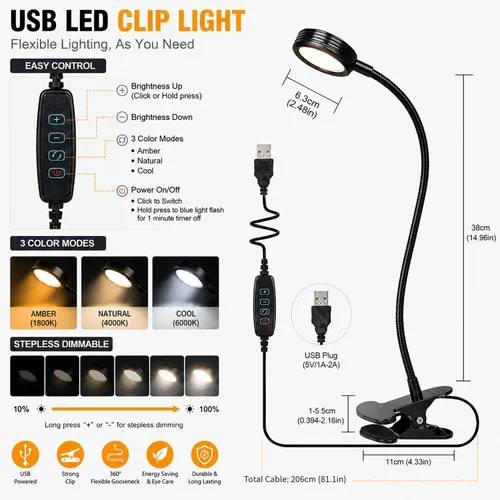 Miniatura 2 de Lámpara de escritorio USB con clip con 3 modos de color, brillo ajustable, cuello de cisne, temporizador de 1 minuto, luz de libro para leer libro