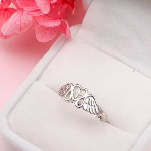Miniatura 5 de FLYOW Anillo de plata de ley S925 A Piece of My Heart Lives in Heaven con alas de ángel para mujer, joyería de recuerdo de mamá, papá, abuela