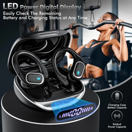 Miniatura 6 de Auriculares inalámbricos Bluetooth 80 horas de reproducción, IPX7, impermeables, funda de carga inalámbrica, ganchos para los oídos (negro)