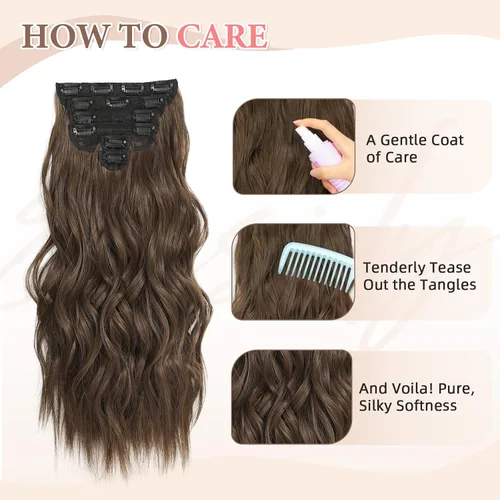 Miniatura 7 de Fliace Extensiones de cabello con clip para mujer, extensiones de cabello ondulado largo de color marrón medio, extensiones de cabello sintético