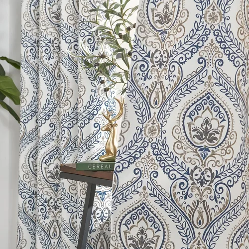 Miniatura 7 de jinchan Cortinas opacas de 90 pulgadas de largo, 2 paneles de medallón de damasco azul, cortinas de ventana para dormitorio, con ojales, aislamiento