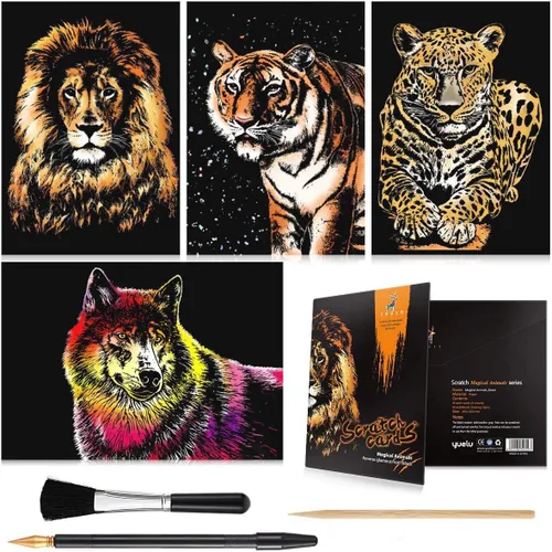 Papel de pintura para rascar arcoíris (A4) para niños y adultos, pizarra de visión nocturna, arte y manualidades, juego de arte grabado: 4 hojas de