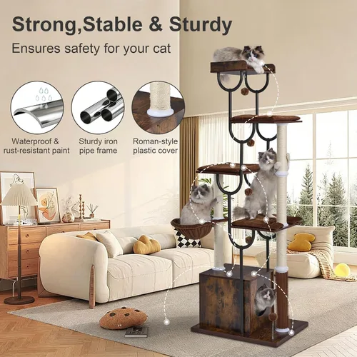 Miniatura 4 de FourFurPets Árbol para gatos grandes, torre moderna para gatos con poste rascador, torre de madera para gatos de 74 pulgadas para múltiples gatos