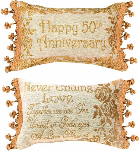 Almohada decorativa manual de 12.5 x 8.5 pulgadas, almohada reversible con palabras, color dorado, 50 aniversario