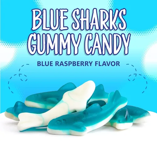 Miniatura 3 de Blue Sharks - Caramelos de gomita Bolsa de 2 libras Gomitas de pescado Sabor a frambuesa azul Caramelo de tiburón para fiestas, bufés