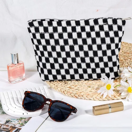 Miniatura 7 de ZLFSRQ Bolsa de maquillaje a cuadros para mujer, de gran capacidad, color negro, juego de bolsa de cosméticos de viaje, bolsa de maquillaje