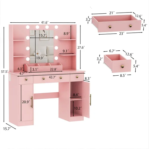 Miniatura 2 de HUANLEGO Escritorio de tocador con espejo y luces, tocador de maquillaje con espejo y luces LED y toma de corriente, 3 cajones y armarios, 3 modos