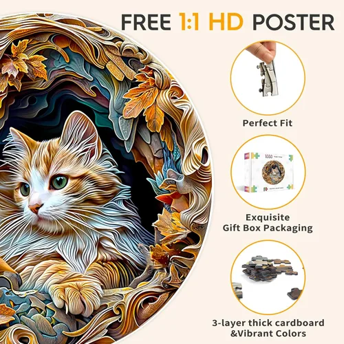 Miniatura 5 de masseruon Rompecabezas para adultos de 1000 piezas, rompecabezas de gato, 26.6 x 26.6 pulgadas, rompecabezas redondos con acabado mate HD