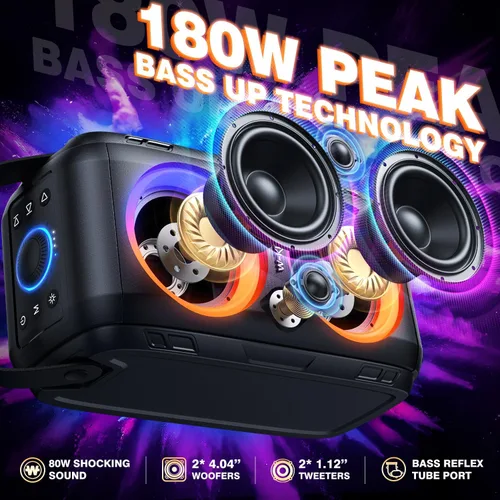 Miniatura 2 de W-KING Altavoz Bluetooth T9-2 de 180 W, Boombox inalámbrico portátil de 80 W, 4 controladores (woofer de 2 x 4.04 pulgadas), graves profundos