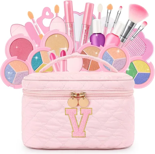 Miniatura 22 de Juego de maquillaje lavable para niñas de 29 piezas - Juego de juguetes de maquillaje real no tóxico con bolsa de cosméticos con letras - Regalos