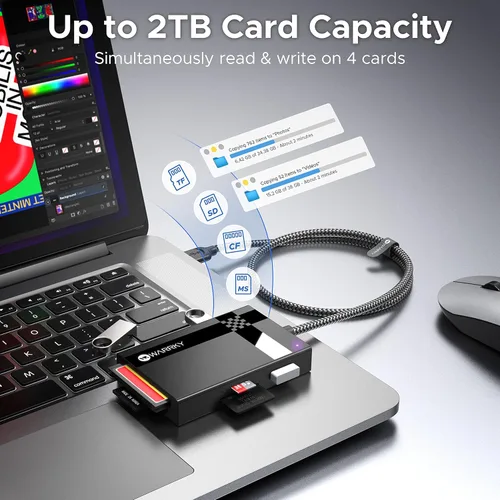 Miniatura 5 de Lector de Tarjetas SD 7 en 1, WARRKY [Conector Dual USB3.0/USB C, Cable de Nylon de 2.5 Pies] Hub Adaptador de Tarjeta de Memoria de Cámara