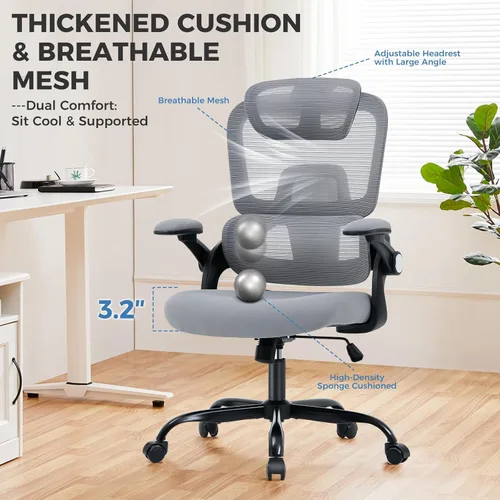 Miniatura 7 de Silla de oficina ergonómica, silla de escritorio de malla con soporte lumbar ajustable 2D, alivia el dolor de espalda durante largos días de trabajo