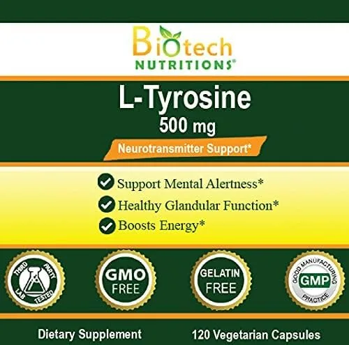 Miniatura 3 de L-tirosina 500 mg 120 cápsulas vegetales fabricadas en Estados Unidos sin OMG, tirosina libre de gelatina
