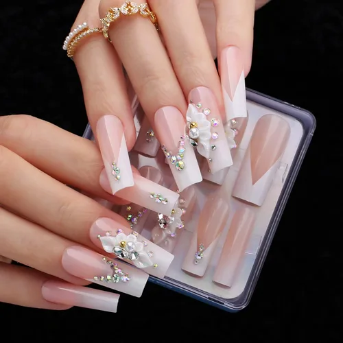 Miniatura 9 de Uñas postizas largas a presión, cuadradas, francesas, nude, rosa, lazo de lujo y diamantes de imitación de flores 3D, 24 unidades, uñas brillantes