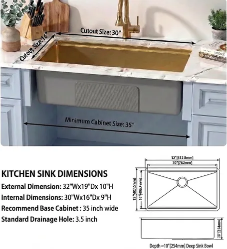 Miniatura 3 de LQS Fregadero de cocina dorado, fregadero de cocina dorado de 32 pulgadas, fregadero de cocina de calibre 16 de acero inoxidable de 32 x 19 pulgadas