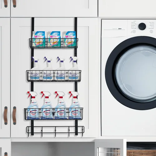 Miniatura 4 de CADUKE Organizador Negro Sobre la Puerta Organizador Sobre la Puerta Ganchos con Cesta de Almacenamiento Toalleros para Puerta de Baño Estante