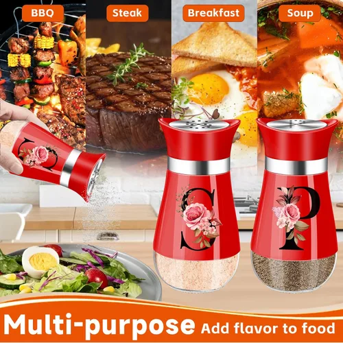 Miniatura 6 de Juego de saleros y pimenteros, accesorios de cocina rojos de 4 onzas, dispensador de especias de acero inoxidable y vidrio, diseño clásico, diseño