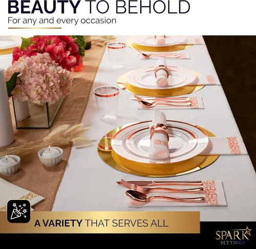Miniatura 5 de Platos de plástico de oro rosa para fiesta, cubiertos de plástico de oro rosa, juego de vajilla de boda de 350 piezas, 50 invitados, 100 platos