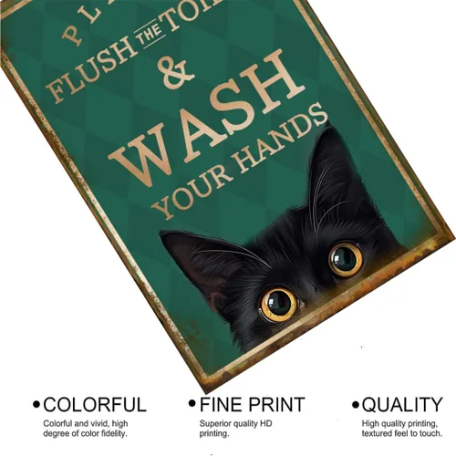 Miniatura 4 de EMOHAT Letrero de placa de metal de aluminio, divertido gato negro con texto en inglés «Please Flush Toilet Wash Your Hands», bonito cartel