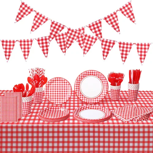 Buryeah 205 piezas de suministros de fiesta rojos y blancos para 25 invitados, mantel a cuadros a cuadros, banderines de papel, platos, servilletas,