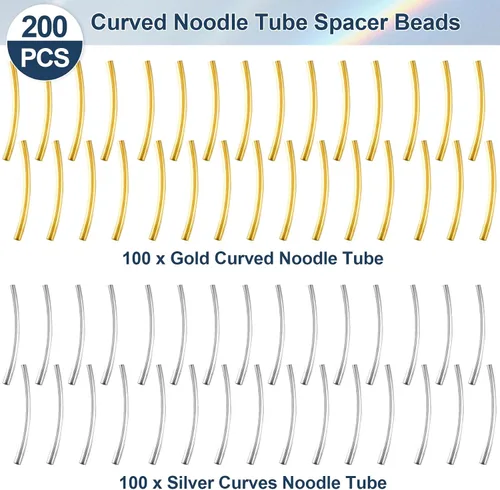 Miniatura 3 de PAGOW 200 cuentas de tubo, cuentas curvadas de fideos de 0.98 pulgadas, cuentas espaciadoras doradas y plateadas para hacer joyas, collares