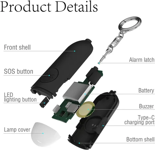 Miniatura 2 de Luz estroboscópica de alarma de seguridad personal, paquete de 2 llaveros de sirena con mosquetón para mujeres, niños escolares, corredores