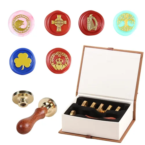 Miniatura 11 de Juego de 6 piezas de sello de cera de madera con cabeza de latón extraíble + 2 asas de madera + caja de cofre del tesoro de madera y cuero