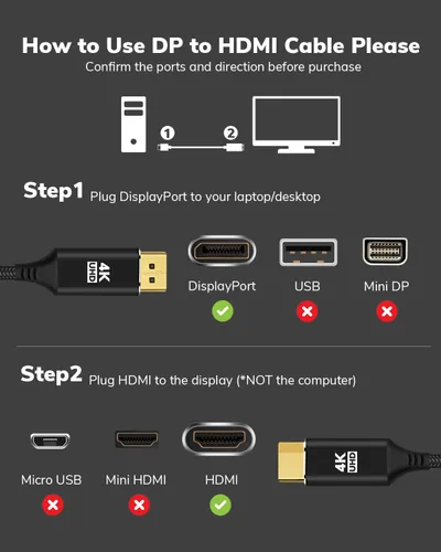 Miniatura 3 de Cable DisplayPort a HDMI 4K de 20 pies, [carcasa de aluminio, trenzado de nailon] de alta velocidad (1440P 60Hz, 1080P 120Hz) Cable unidireccional