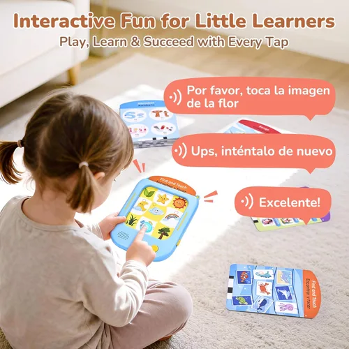Miniatura 5 de JoyCat Tableta de aprendizaje bilingüe para niños, 106 páginas en español e inglés con 20 juegos interactivos, juguete Montessori para alfabeto