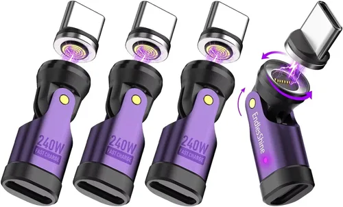 Miniatura 10 de Adaptador magnético USB C a C, 240 W PD de carga rápida de 480 Mbps de datos de 9 pines, conector de ruptura giratorio de 540°, indicador LED