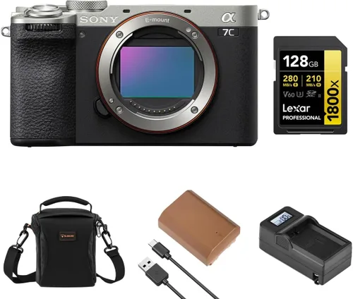 Sony Alpha a7C II - Cámara sin espejo, color plateado, paquete con batería adicional y cargador, tarjeta de memoria de 128 GB, bolsa de hombro, 1