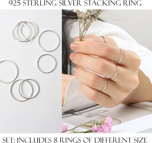 Miniatura 3 de CANDYFANCY Anillos delgados de plata de ley 925 de 0.039 pulgadas apilados por debajo de la rodilla para mujer, anillos apilables, tamaño 2.5-8.5