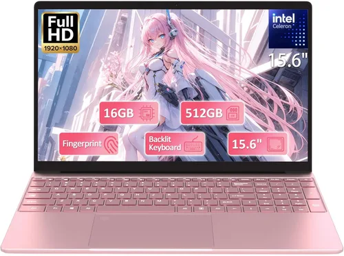 Laptop Estudiantil FHD de 15.6" Rosa, 16GB DDR4 RAM 512GB PCIe SSD, Computadora Portátil con Teclado Retroiluminado, Apertura de 180°, Lector de