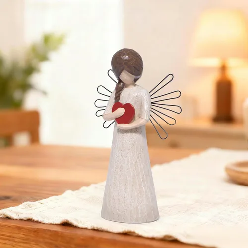 Miniatura 6 de Hodao Figura de ángel con corazón rojo, aspecto tallado en madera de resina de 5.1 pulgadas con alas de alambre de metal, decoración