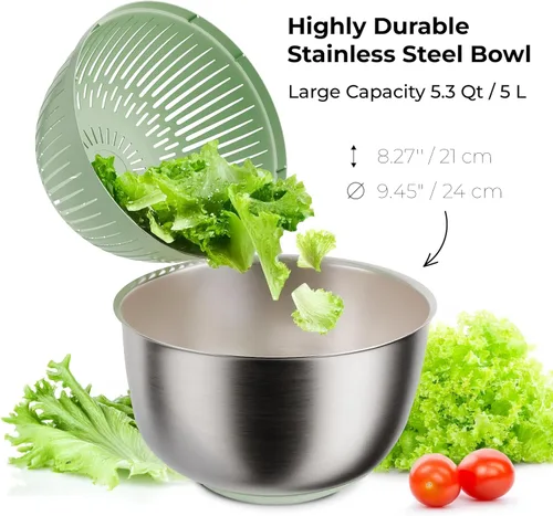 Miniatura 4 de Ensaladera grande de acero inoxidable giratorio de 5.3 cuartos de galón, secadora de lechuga, lavadora de verduras con botón de freno, base
