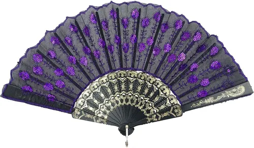 Miniatura 10 de InnoLife Elegante abanico de mano plegable con flores bordadas y patrón de pavo real con lentejuelas en tela artesanal (5 piezas, rojo)