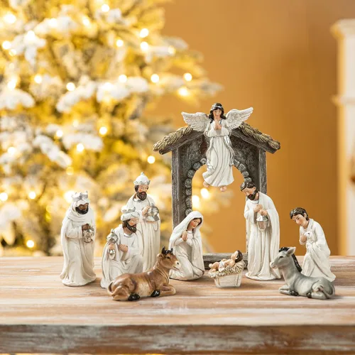 Miniatura 8 de Glitzhome Juego de 12 figuras de pesebre para Navidad en interiores, juego de belén cristiano de resina azul de lujo, adornos de mesa en miniatura
