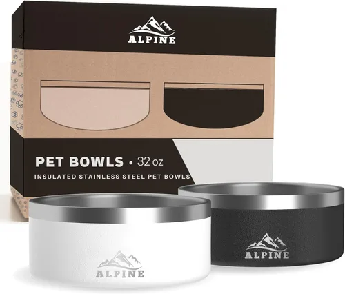 Miniatura 9 de Alpine Juego de 2 cuencos de acero inoxidable para perros, antideslizantes, cuenco de metal para mascotas para alimentos y agua, aislamiento de Azul