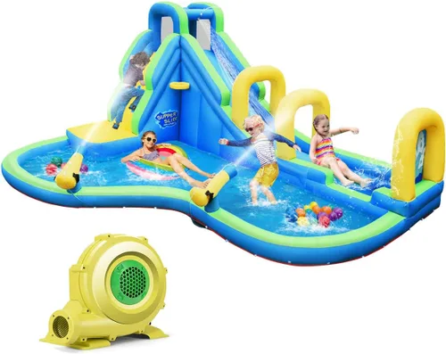 KOTEK Tobogán acuático inflable, parque acuático gigante 5 en 1, casa hinchable para niños al aire libre con piscina salpicada, tobogán/arco,