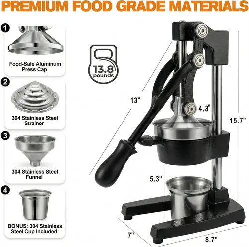 Miniatura 2 de Exprimidor de cítricos de hierro fundido – Prensa manual naranja resistente de 13.8 libras, taza y colador de acero inoxidable 304, exprimidor