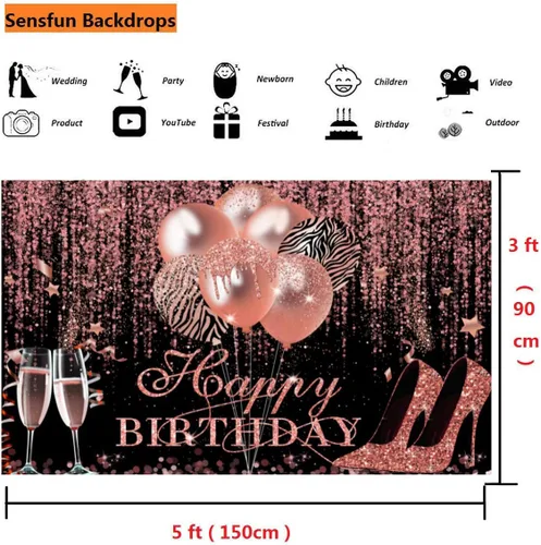 Miniatura 5 de Sensfun Telón de fondo de feliz cumpleaños con purpurina oro rosa y negro, decoración de cumpleaños, tacón champán, fondo de fotografía para mujeres