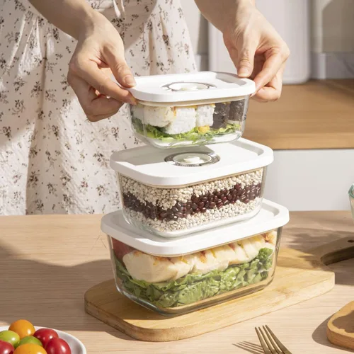 Miniatura 6 de Recipientes de vidrio de sellado al vacío para almacenamiento de alimentos (juego de 3 piezas) Funciona con la mayoría de selladores al vacío