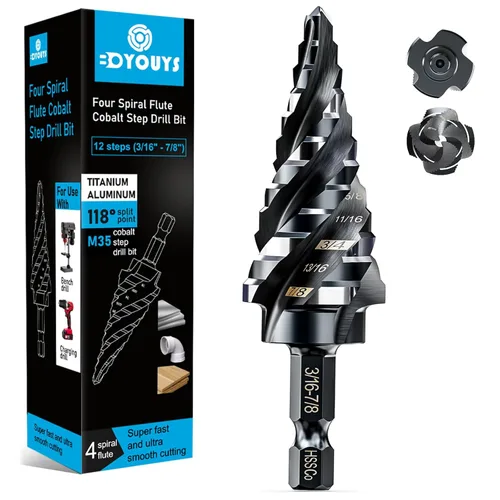 Miniatura 15 de M35 - Juego de brocas de cuatro pasos de flauta en espiral, 1/8"-7/8" (3 unidades), vástago hexagonal de 1/4 de pulgada, broca escalonada de cobalto