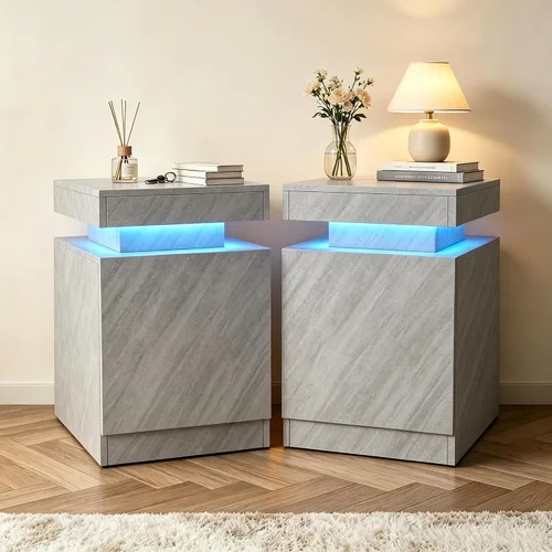 Miniatura 10 de oneinmil Juego de 2 mesitas de noche con luces LED, mesita de noche con armario de almacenamiento para dormitorio, mesita de noche con LED