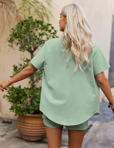 Miniatura 5 de Zeagoo Conjunto de 2 piezas de lino para mujer, conjunto de verano con botones, casual, para descansar y playa