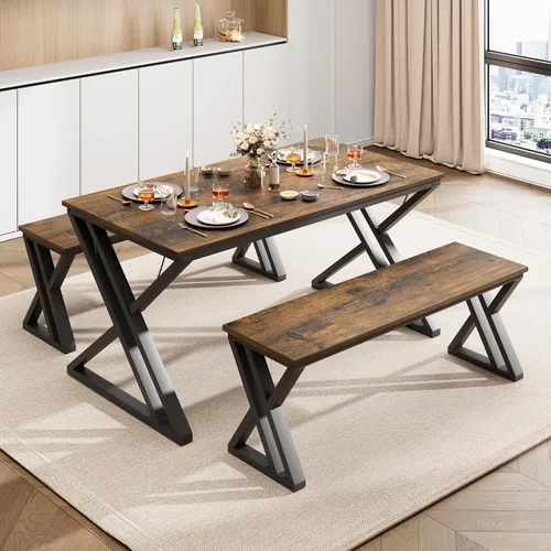 Miniatura 9 de GarveeHome Mesa de cocina con 2 bancos, juego de mesa de comedor para 4 personas con mesa de mármol sintético, juego de mesa de comedor que ahorra