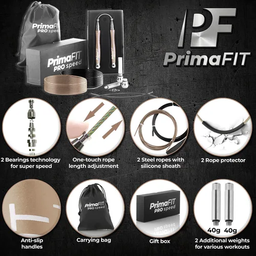 Miniatura 2 de PrimaFIT Jump Rope Pro Speed Skipping Rope Adjustable Adult Jumping Rope Weighted Aluminium Handles for Double Dutch Boxing Workout Crossfit Bronze